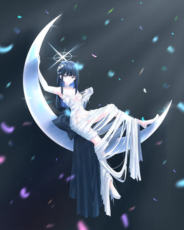 Saori likes sitting on a crescent moon it seems
