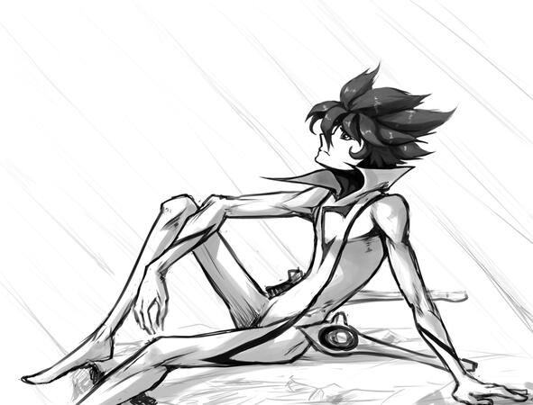 Casshern looking at the sky amidst the ruin